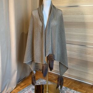 Claude Barthelemy Paris Pure Virgin Wool Shawl Wrap with Fur Tassels Made France